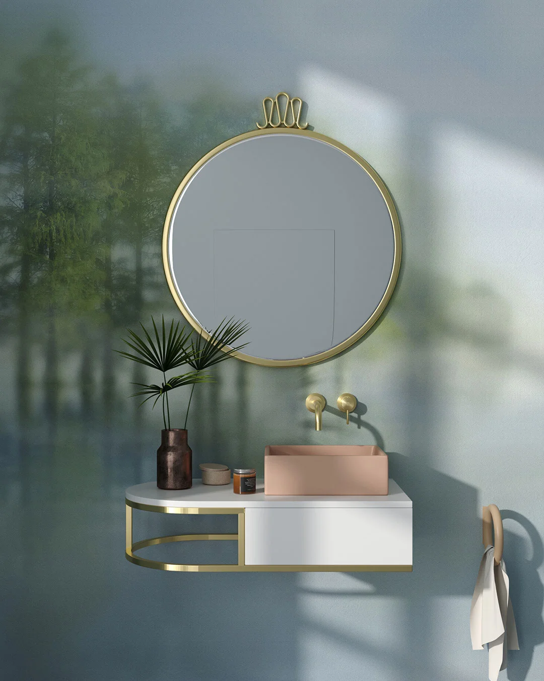 Wall Mural Tahoe for the bathroom - kith2kin.com Blurred outlines of the forest above the lake wall mural for the bathroom