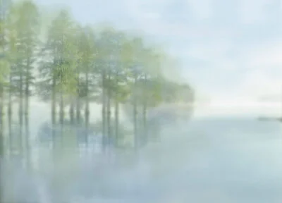 Nature wall mural with blurred outlines of the forest above the lake