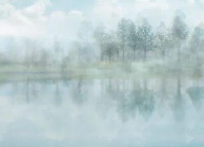 Nature wall mural with mystical forest over the lake