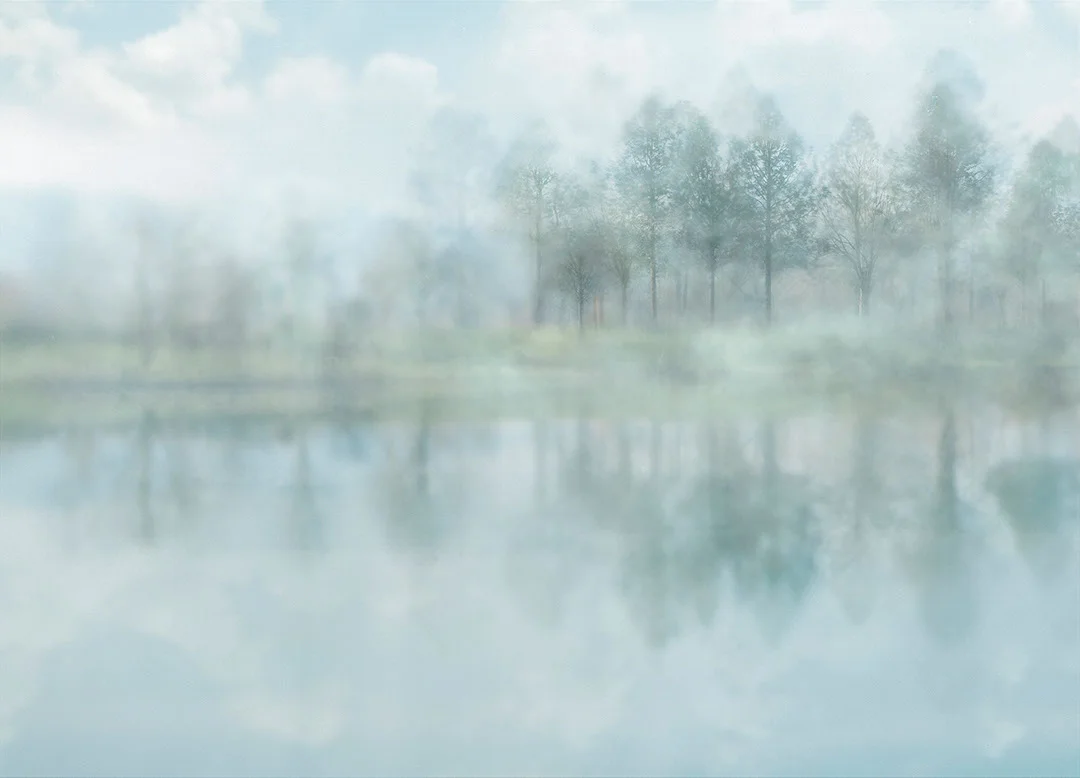Nature wall mural with mystical forest over the lake