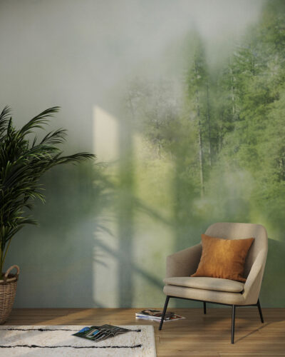 Blurred outlines of a green forest wall mural for the living room
