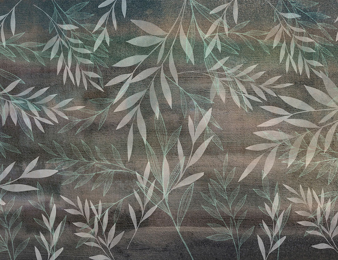 Botanical wall mural with branches on a dark background