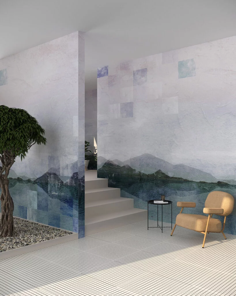 Wall Mural Synevyr for the living room - kith2kin.com Lake and mountains with decorative plaster effect wall mural for the living room