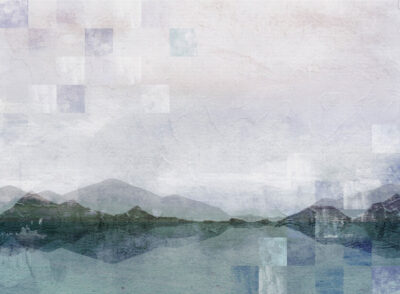 Lake and mountains with geometry and decorative plaster effect wall mural