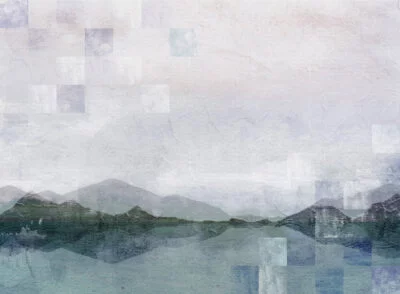Designer wall mural with lake, mountains, geometry and decorative plaster effect