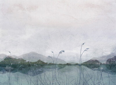 Designer wall mural with lake, grass, mountains and decorative plaster effect