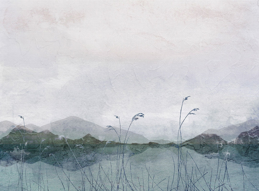 Designer wall mural with lake, grass, mountains and decorative plaster effect