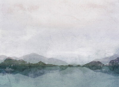 Nature wall mural with lake and mountains with decorative plaster effect