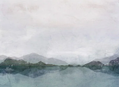 Nature wall mural with lake and mountains with decorative plaster effect