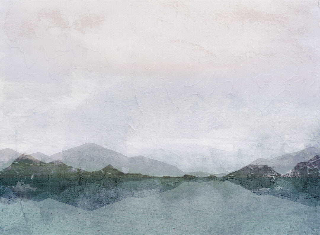 Nature wall mural with lake and mountains with decorative plaster effect