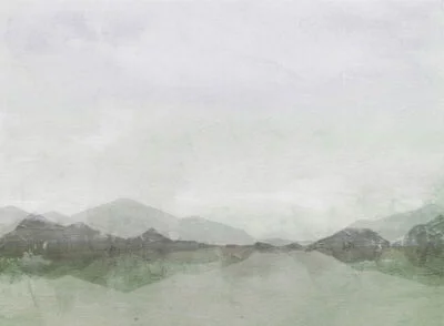 Nature wall mural with lake and mountains in green tones with decorative plaster effect