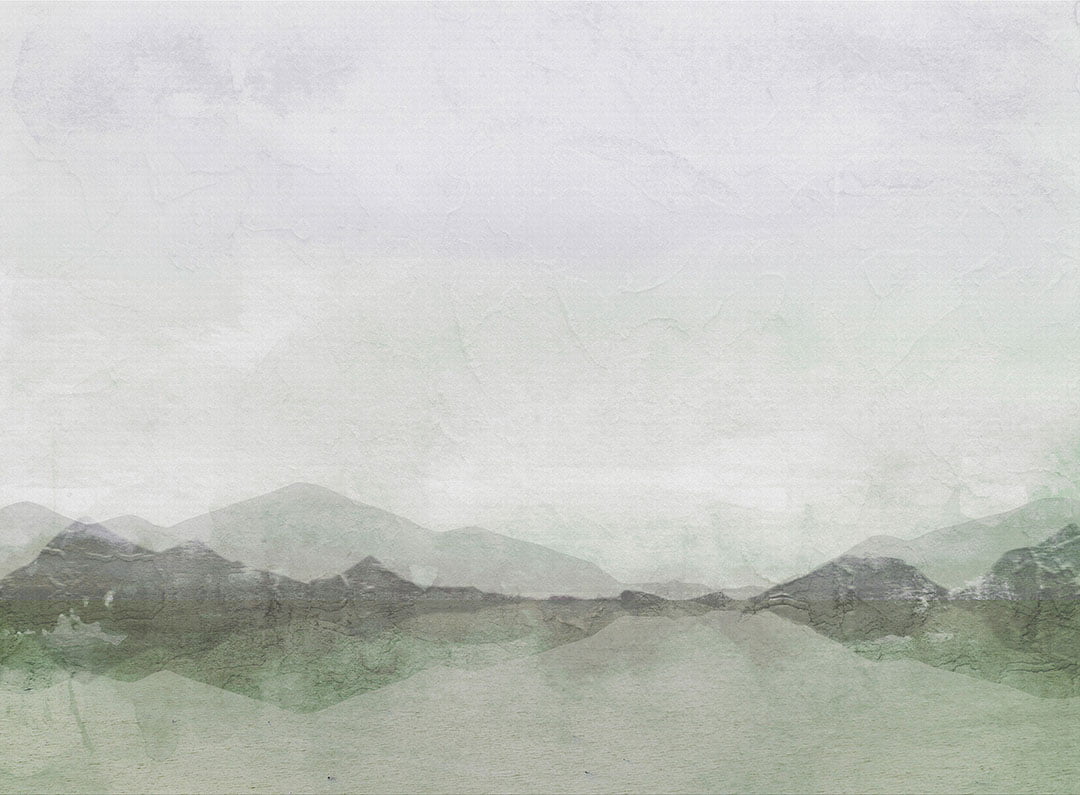 Nature wall mural with lake and mountains in green tones with decorative plaster effect