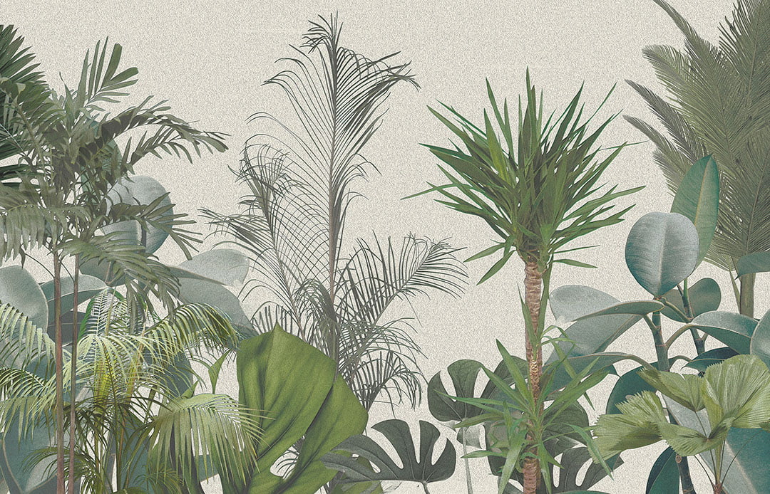 Tropical wall mural with leaves and trees in green shades