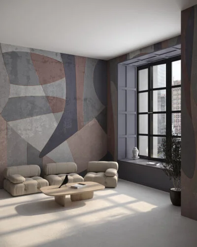 Colorful 80s style geometric wall mural for the living room