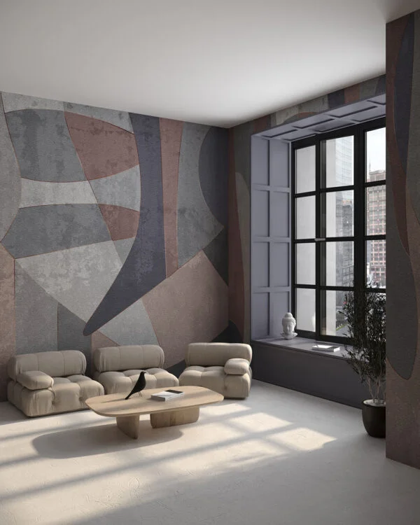 Colorful 80s style geometric wall mural for the living room