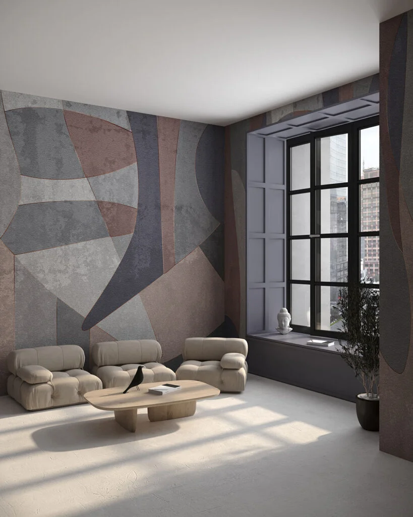 Wall Mural Puzzled for the living room - kith2kin.com Colorful 80s style geometric wall mural for the living room