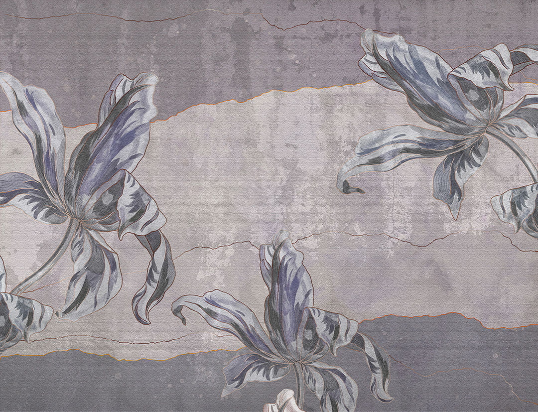Stone flowers Irises textured wall mural in blue colors