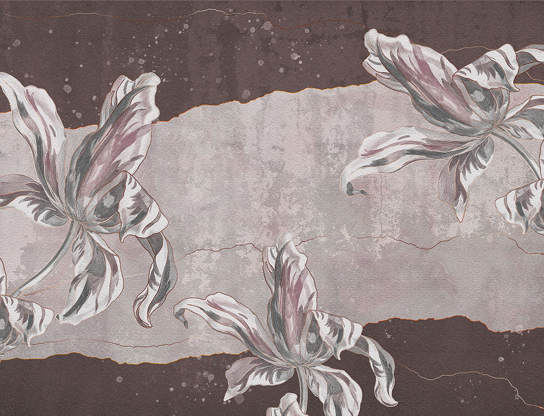 Stone flowers Irises textured wall mural in dark red colors