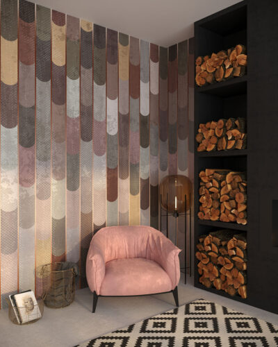 Colored panels with copper patterned wallpaper for the living room