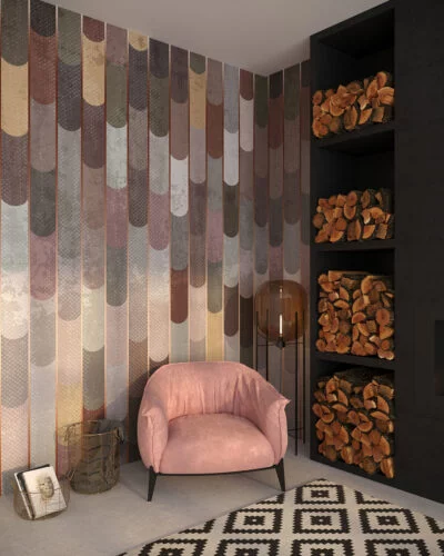 Patterned wallpaper for the living room with colored panels with copper