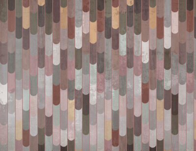 Panels in warm tones with copper patterned wallpaper