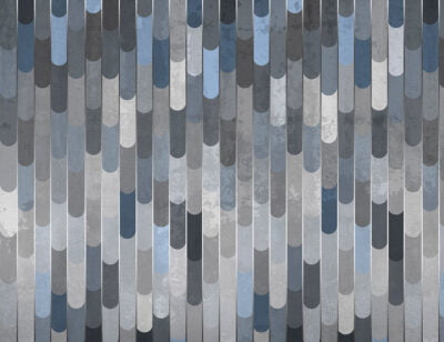 Patterned wallpaper with colored panels in cold tones with copper