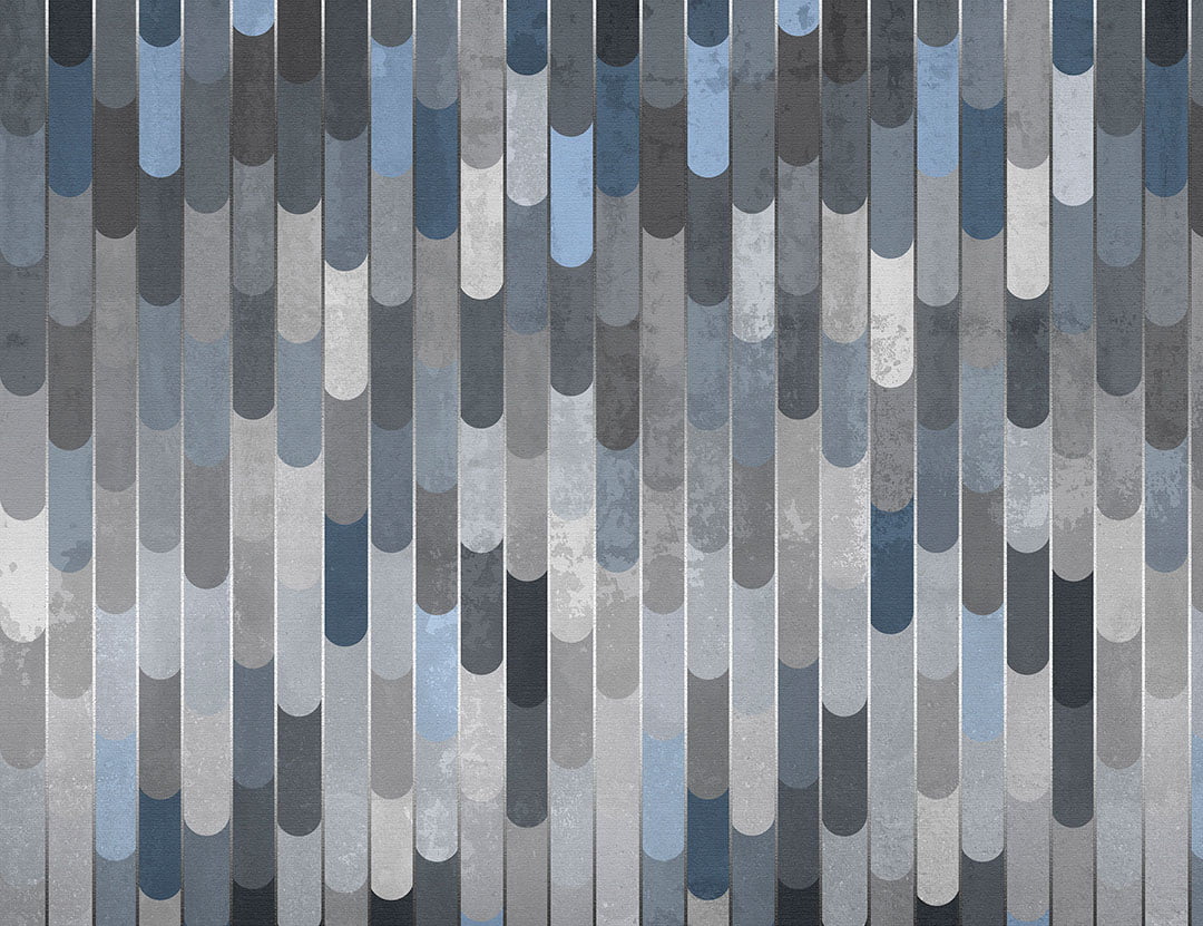 Patterned wallpaper with colored panels in cold tones with copper