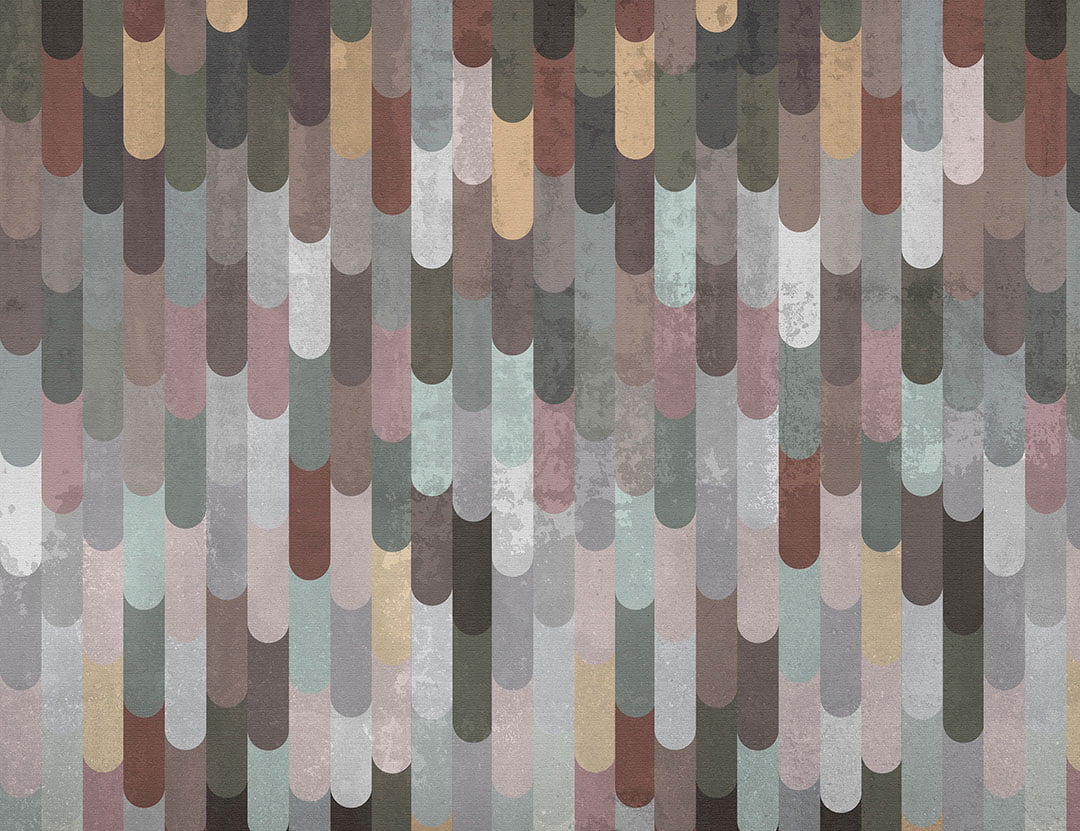 Patterned geometrical wallpaper with cascade of textured colored panels