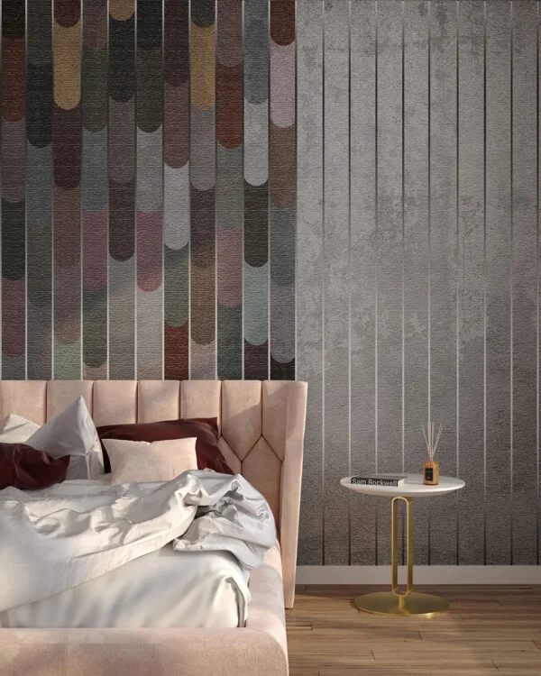 Wall mural for the bedroom with asymmetrical colored panels with silver