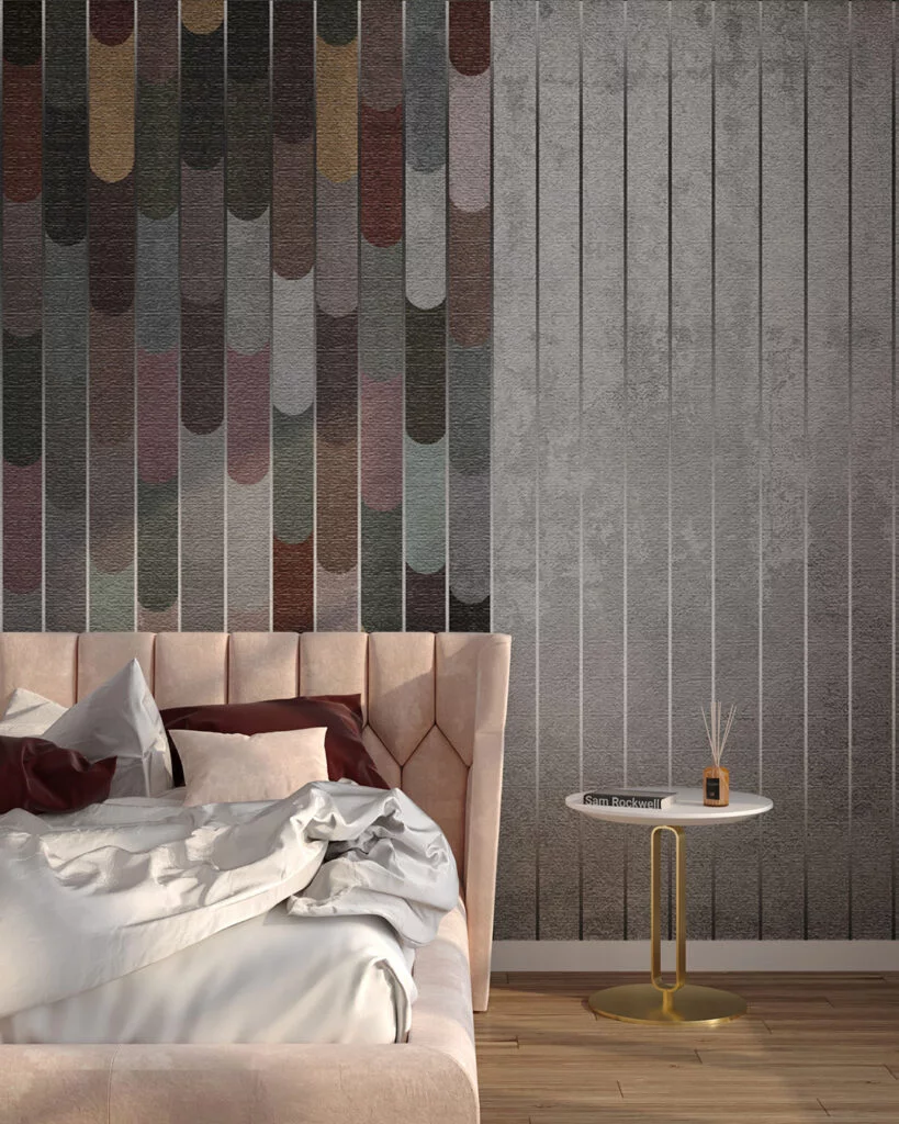 Wall Mural Crescent for the bedroom - kith2kin.com Wall mural for the bedroom with asymmetrical colored panels with silver