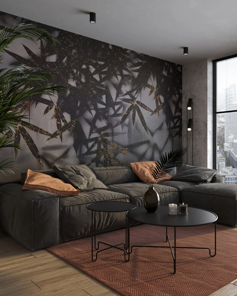 Wall Mural Obsidian for the living room - kith2kin.com Dark palm leaves wall mural with a touch of gold for the living room