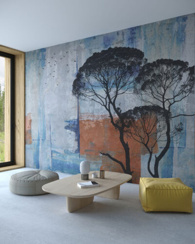 African trees with an abstract background wall mural for the living room