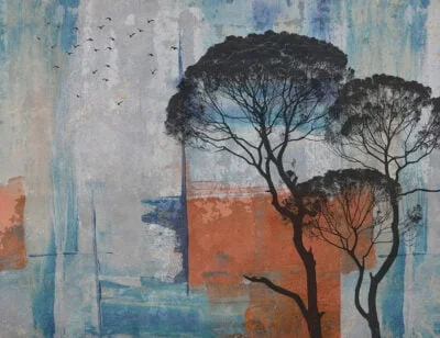 Modern wall mural with African trees on abstract blue and red background