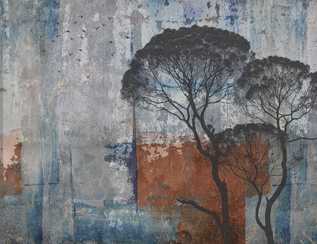 Modern wall mural with African trees on abstract blue and red textured background