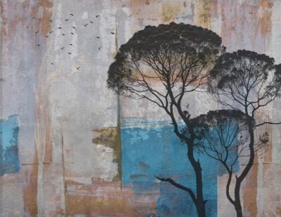 African trees with an abstract blue and brown background wall mural