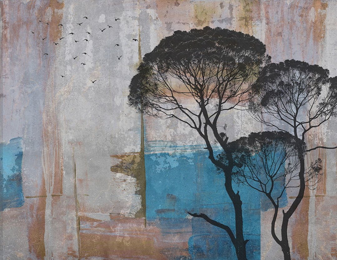 African trees with an abstract blue and brown background wall mural