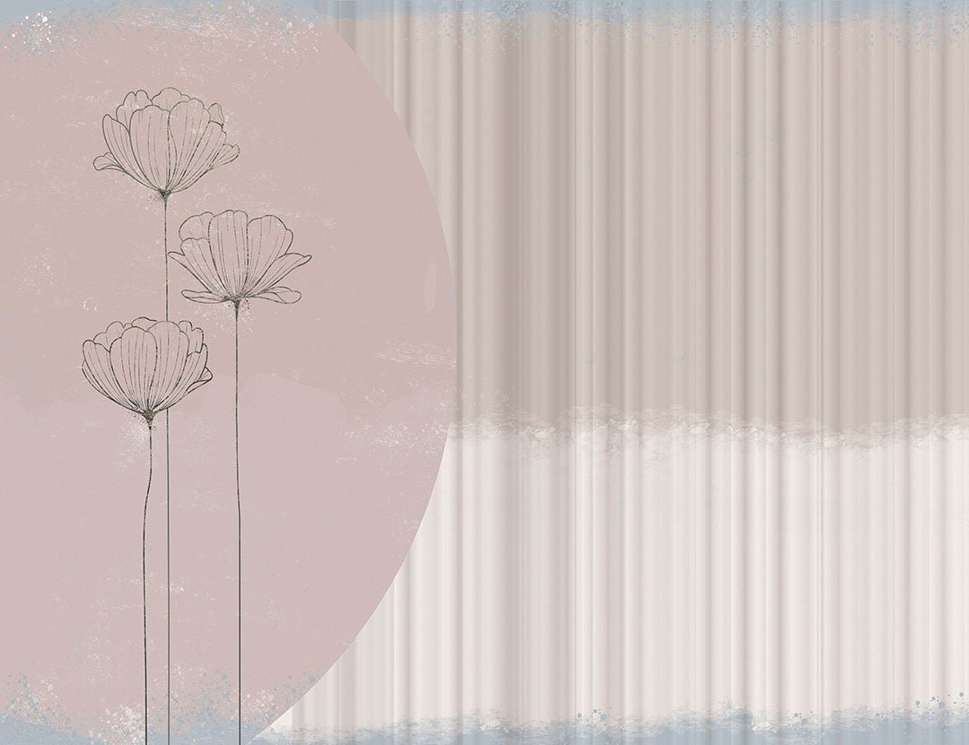 Designer wall mural with pastel graphic lotuses and 3D strips
