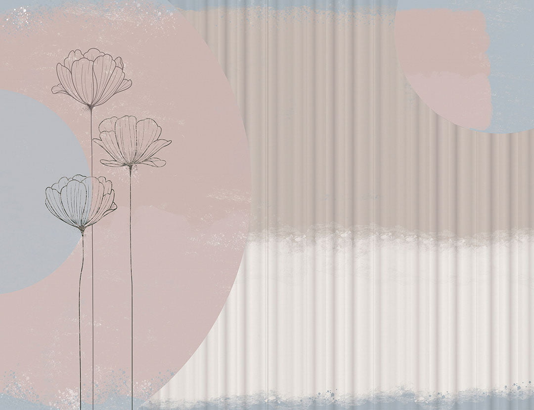 Flower wall mural with graphic lotuses on long stems and 3D waves