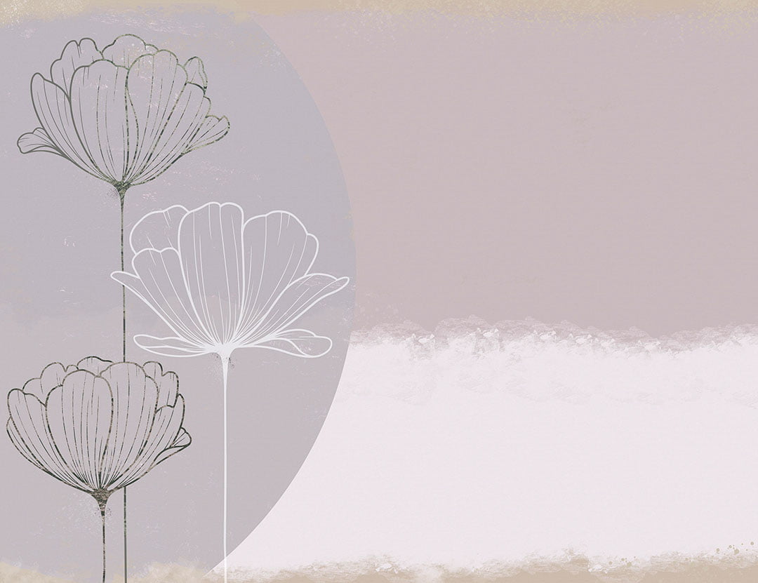 Flower wall mural with white graphic lotuses on a tender pastel background