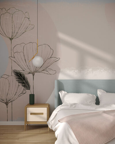 Delicate graphic lotuses with asymmetrical background wall mural for the bedroom