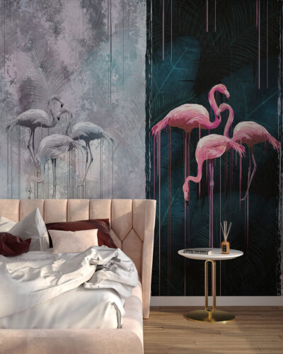 Gray and pink flamingos wall mural for the bedroom