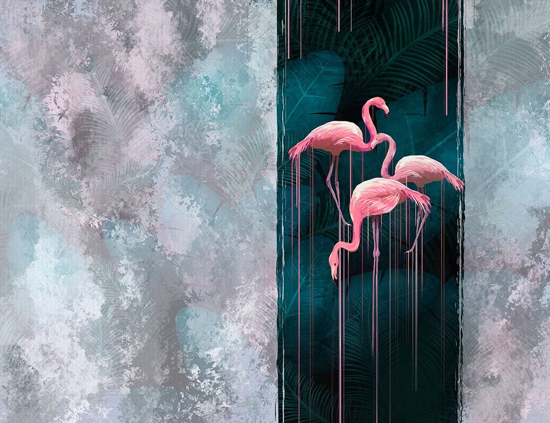 Tropical wall mural with pink flamingos on contrasted textured background