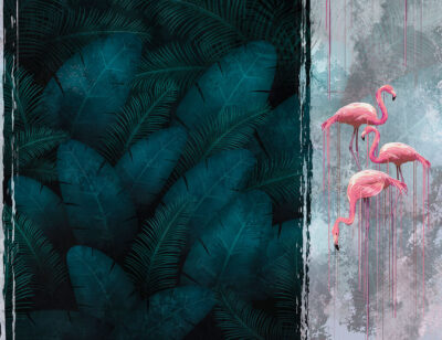 Asymmetrical tropical leaves and pink flamingos wall mural