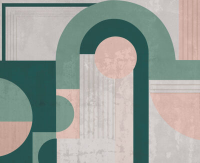 Green and beige geometric wall mural in art deco style