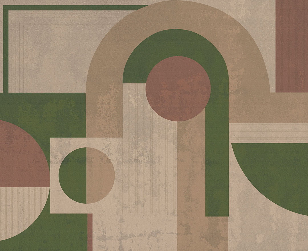 Brown and green geometric wall mural in art deco style