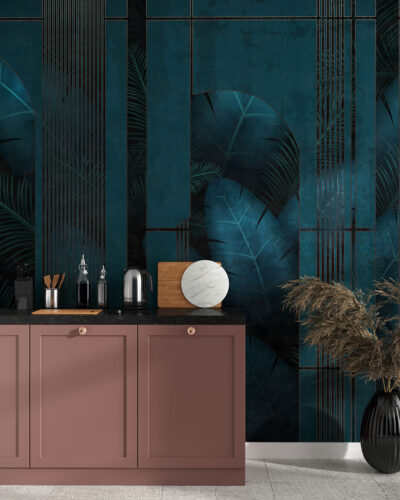Dark tropical leaves with art deco arches wall mural for the kitchen