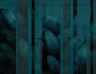 Dark tropical wall mural with leaves and art deco arches
