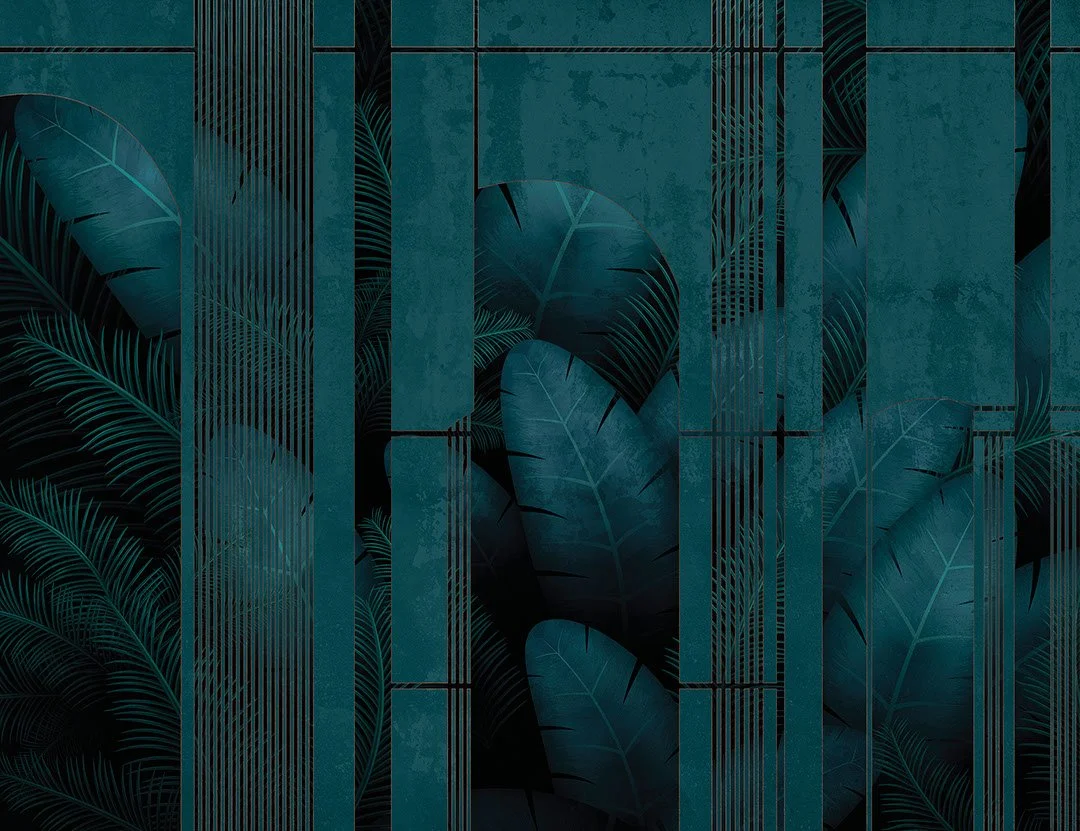 Dark tropical wall mural with leaves and art deco arches