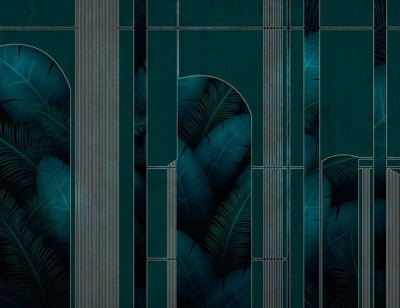 Dark tropical wall mural with leaves and geometrical linear arches