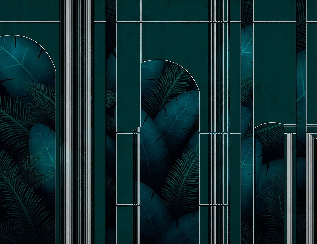 Dark tropical wall mural with leaves and geometrical linear arches